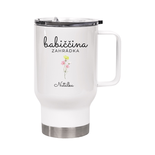 Cestovní termohrnek s uchem s potiskem Babiččina zahrádka se jménem jejího jediného vnoučete