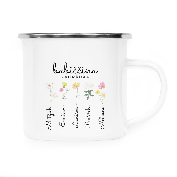 Plecháček - nerezový lem s potiskem Babiččina zahrádka se jmény jejích pěti vnoučat