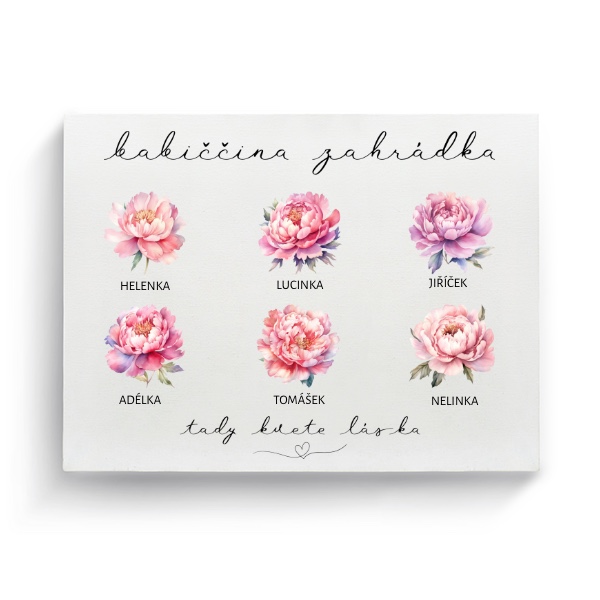 Babiččina zahrádka z pivoněk se jmény jejích šesti vnoučat