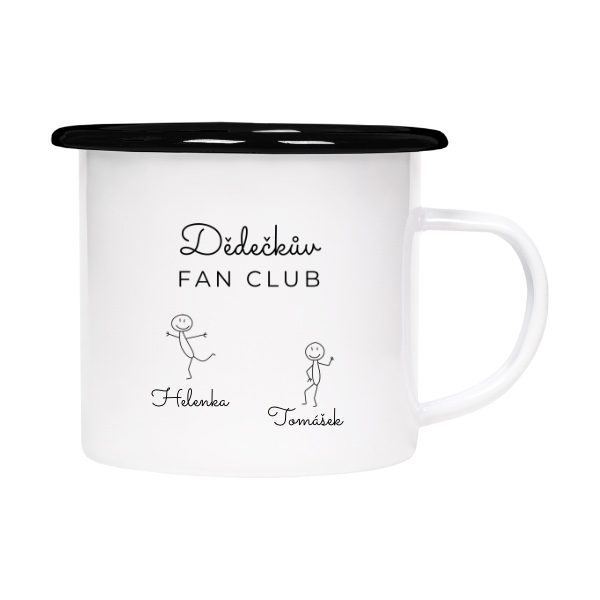 Plecháček - smaltový lem s potiskem Dědečkův fan club se jmény jeho dvou vnoučat
