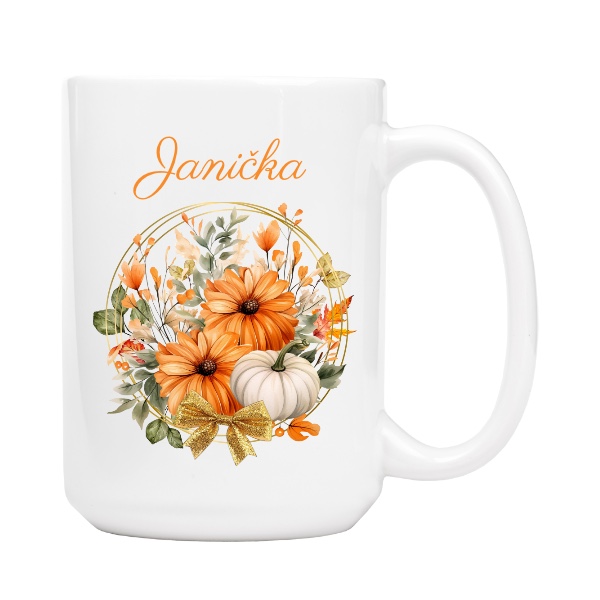 Dýně s květinami a zlatou mašlí se jménem