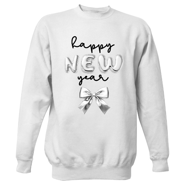 Mikina bez kapuce Unisex s potiskem Happy New Year se stříbrnou mašlí černý text
