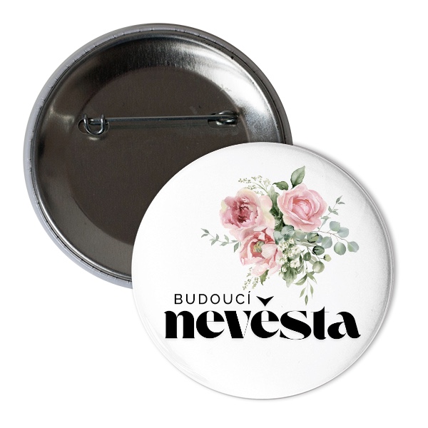 Odznáček  s potiskem Květinová placka budoucí nevěsta pivoňka eukalyptus