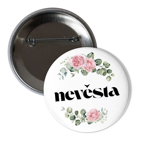 Odznáček  s potiskem Květinová placka nevěsta pivoňky růže eukalyptus