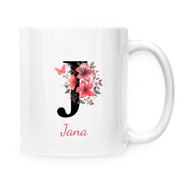 Hrnek malý bílý s potiskem Květinové písmeno J s upravitelným jménem