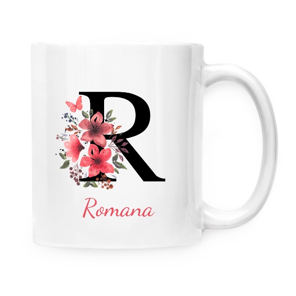 Hrnek malý bílý s potiskem Květinové písmeno R s upravitelným jménem