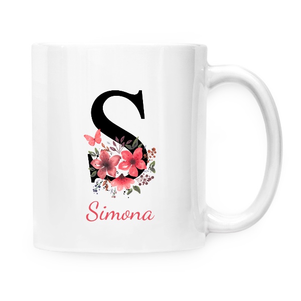 Hrnek malý bílý s potiskem Květinové písmeno S s upravitelným jménem