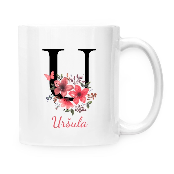 Hrnek malý bílý s potiskem Květinové písmeno U s upravitelným jménem