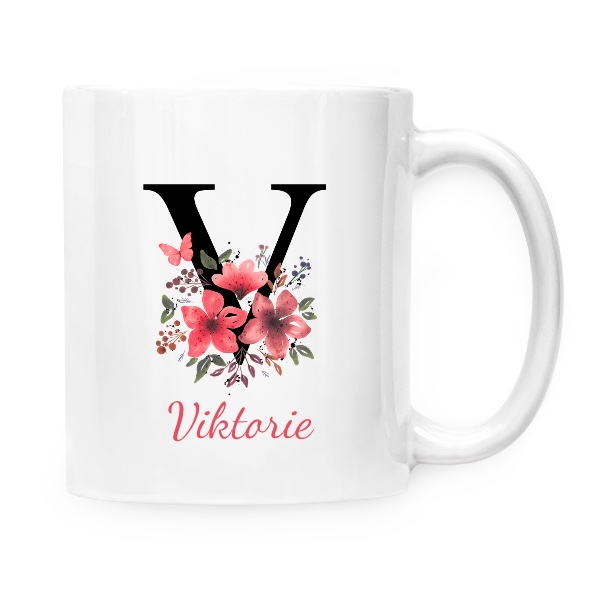 Hrnek malý bílý s potiskem Květinové písmeno V s upravitelným jménem