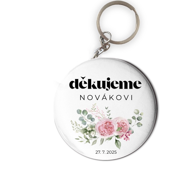 Přívěšek s otvírákem s potiskem Květinové poděkování pivoňky od novomanželů s datem svatby
