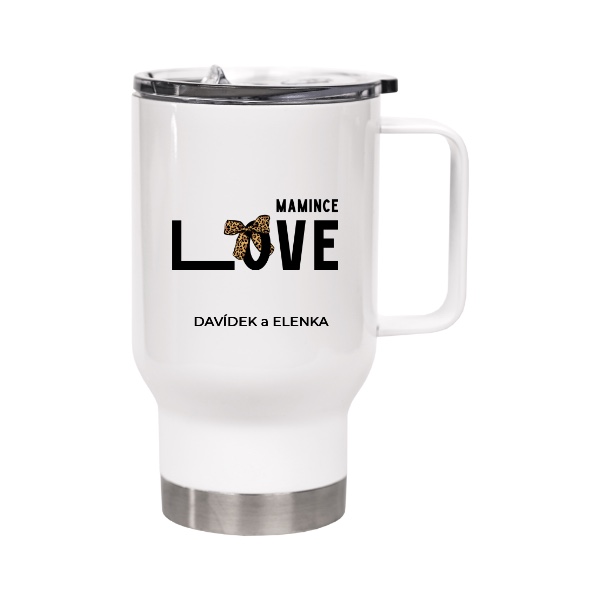 Cestovní nerezový hrnek s potiskem Mamince Love s mašlí a jmény jejích dětí