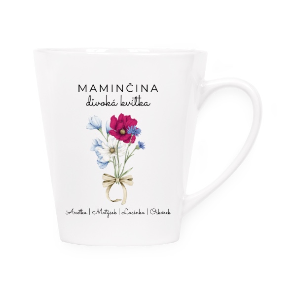 Hrnek kónický s potiskem Maminčina divoká kvítka se jmény čtyř dětí