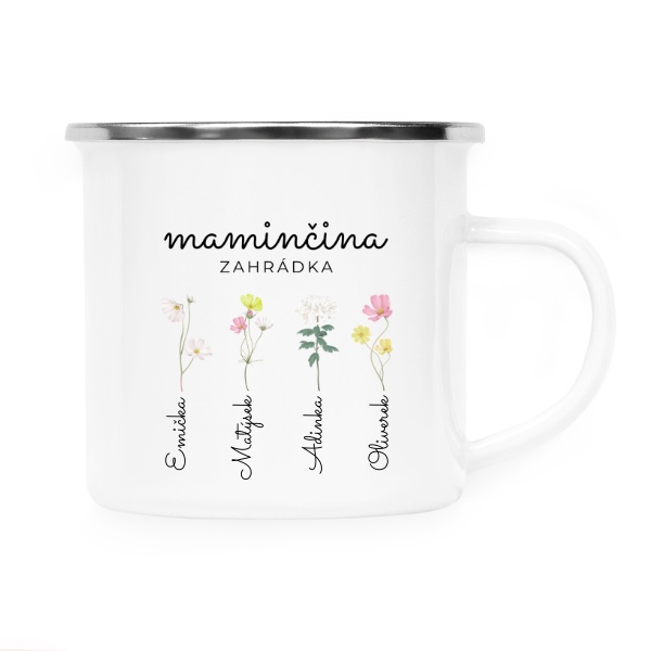 Plecháček - nerezový lem s potiskem Maminčina zahrádka se jmény jejích čtyř dětí