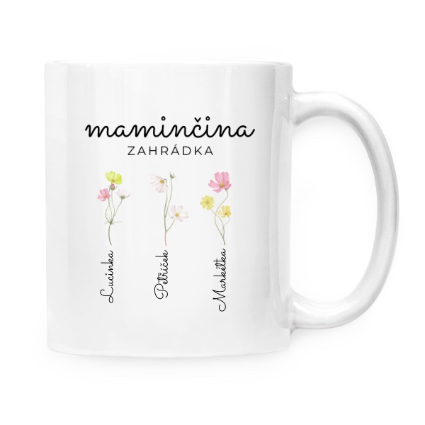 Hrnek malý bílý s potiskem Maminčina zahrádka se jmény tří dětí
