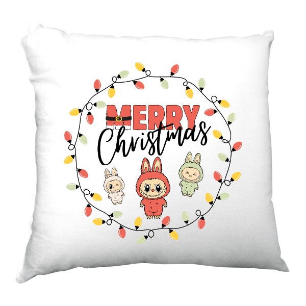 Polštář saténový s potiskem Merry Christmas s příšerkami ve stylu Labubu