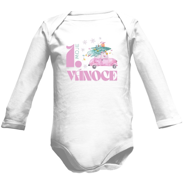 Dětské body Long  s potiskem Moje první Vánoce růžové auto