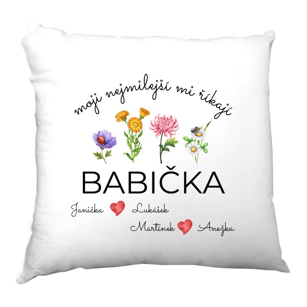 Polštář saténový s potiskem Moji nejmilejší mi říkají babička se jmény čtyř vnoučat