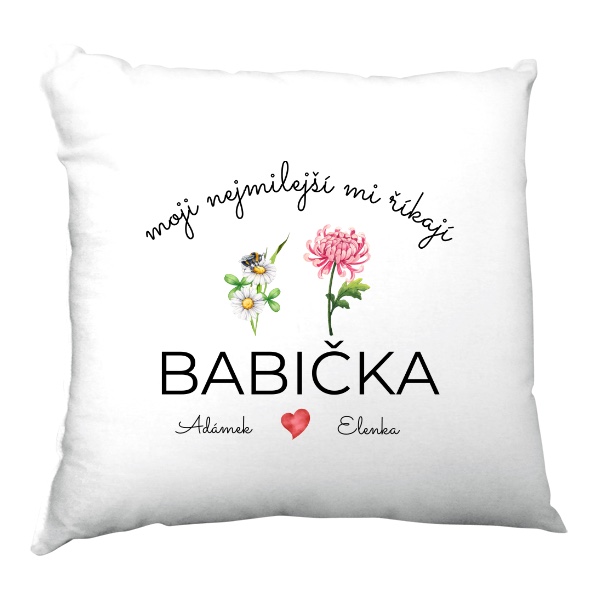 Polštář saténový s potiskem Moji nejmilejší mi říkají babička se jmény dvou vnoučat