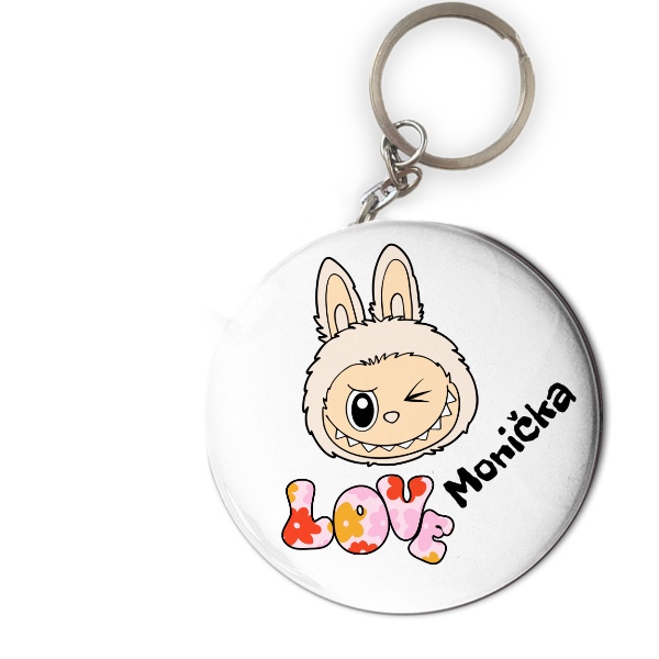 Přívěšek s otvírákem s potiskem Mrkající příšerka ala Labubu Love s upravitelným jménem