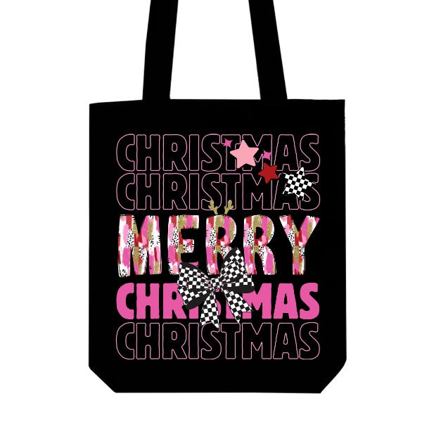 Taška z bio bavlny s potiskem Nápis Merry Christmas s mašlí a hvězdami