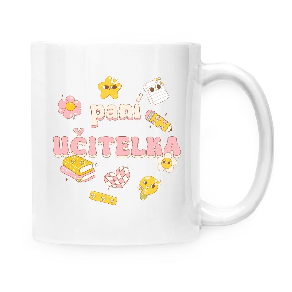 Hrnek malý bílý s potiskem Nápis paní učitelka v retro stylu se jménem