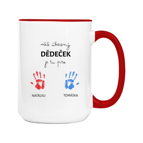 Hrnek velký barevný s potiskem Náš úžasný dědeček se jmény jeho dvou vnoučat