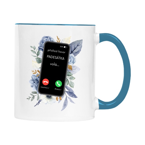 Hrnek malý barevný s potiskem Padesátka volá s květinami