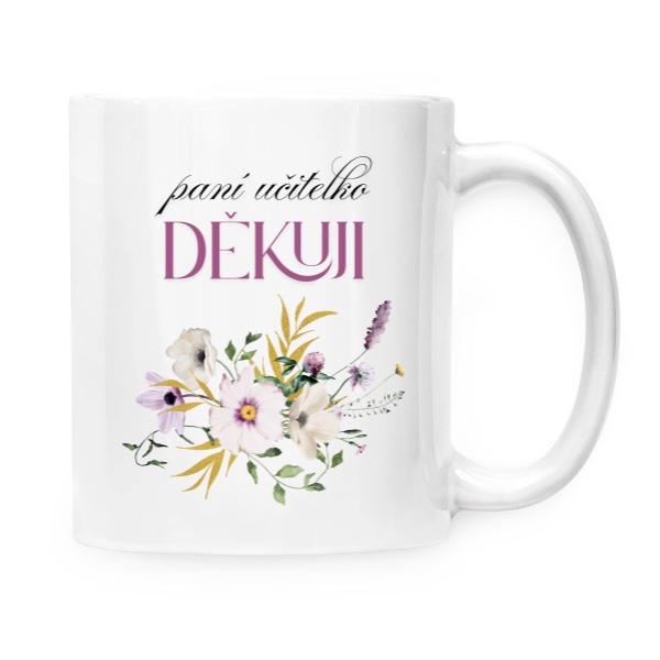 Hrnek malý bílý s potiskem Paní učitelko děkuji s bílými květy