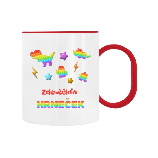 Dětský hrnek plastový s potiskem Pop it design s dinosaurem a upravitelným jménem