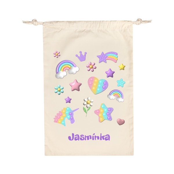 Bavlněný pytlík s potiskem Pop it s jednorožcem hvězdou s upravitelným jménem