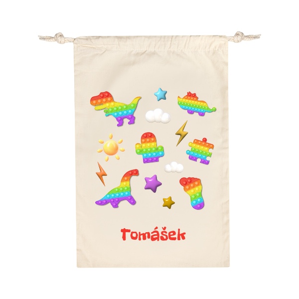 Bavlněný pytlík s potiskem Popit dinosauři a 3D blesky s upravitelným jménem
