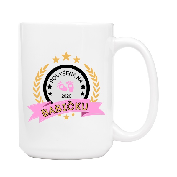Hrnek velký s potiskem Povýšena na babičku holčičky s upravitelným datem