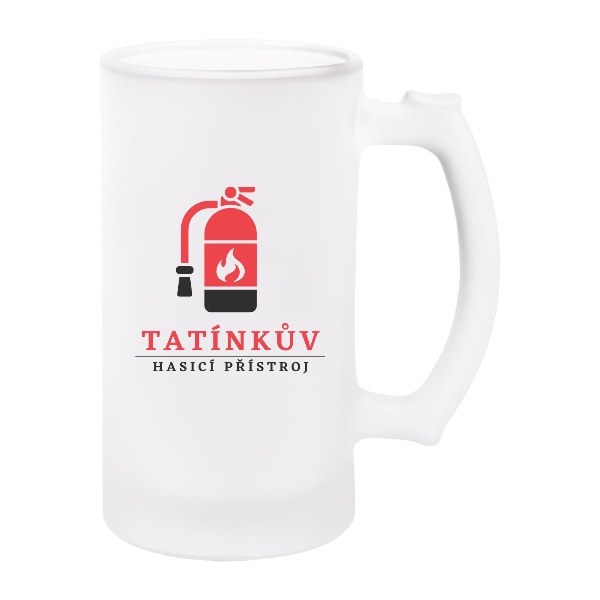Korbel na pivo - matné sklo s potiskem Tatínkův hasicí přístroj s upravitelným datem