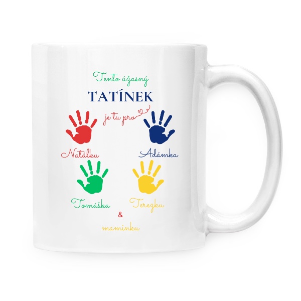 Hrnek malý bílý s potiskem Tento úžasný tatínek se jmény čtyř dětí