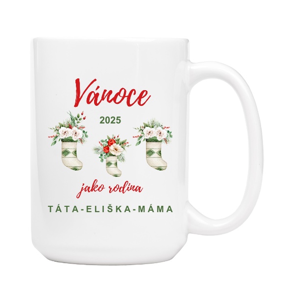 Hrnek velký s potiskem Vánoce jako rodina s upravitelným datem a jménem miminka