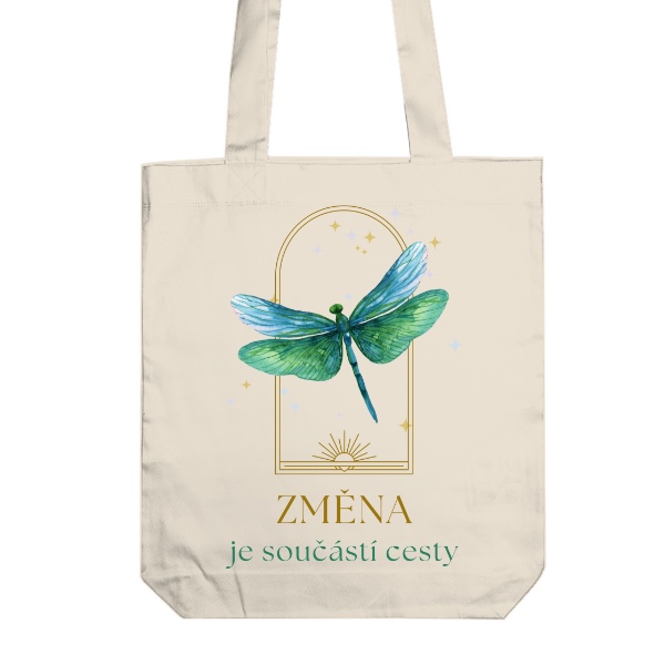 Taška z bio bavlny s potiskem Vážka s textem Změna je součástí cesty