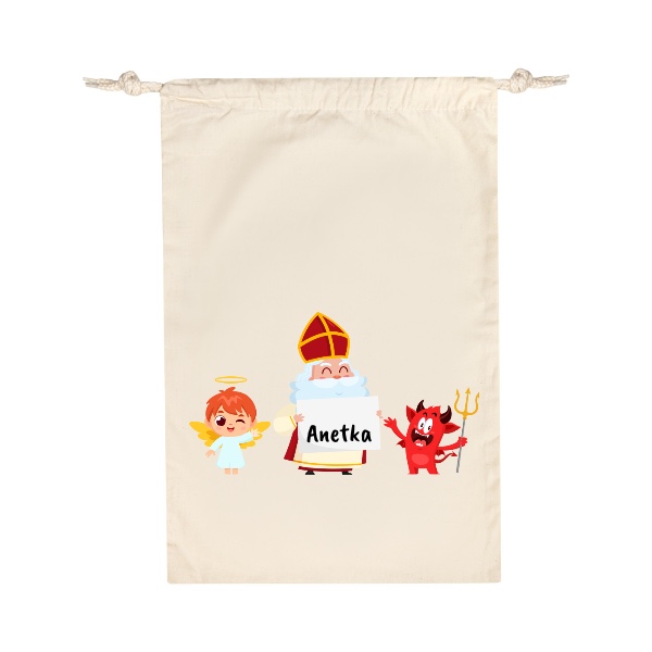 Bavlněný pytlík s potiskem Veselý Mikuláš, čert a anděl se jménem dítěte