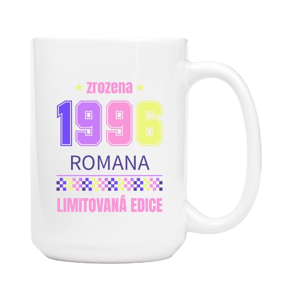 Hrnek velký s potiskem Zrozena 1996 limitovaná edice se jménem pastelové barvy